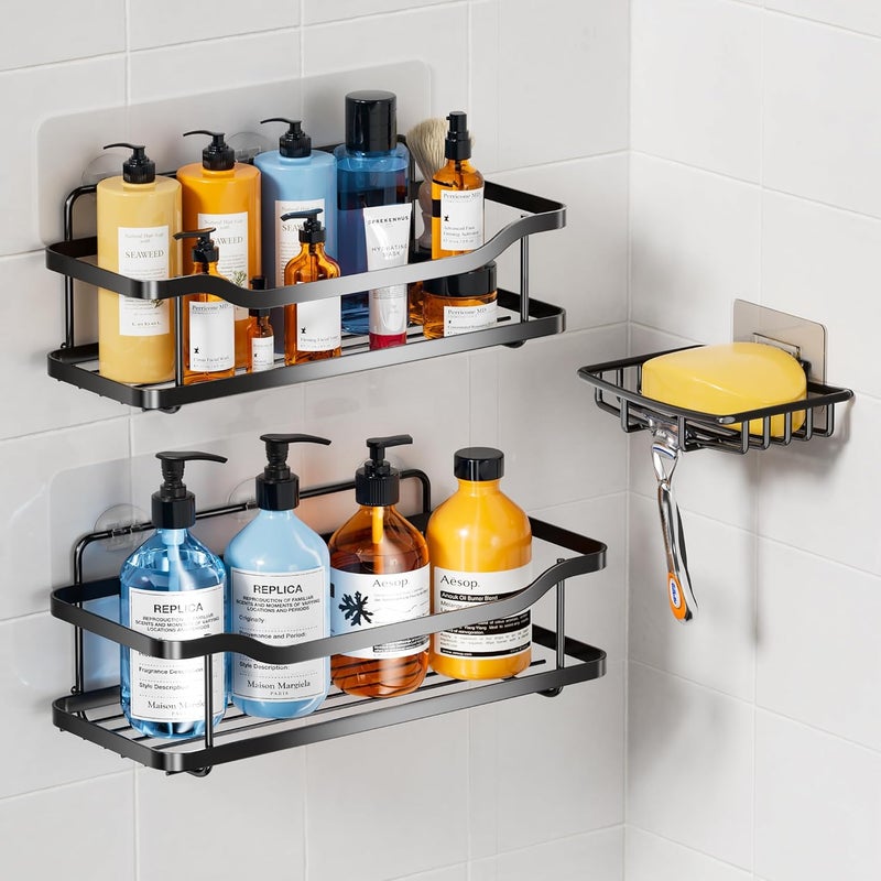 OMAIRA 3-Pack Shower Caddy with Soap Holder, Adhesive Rustproof No-Drill Strudy Loading Inside Shower Organizer Shelves Rack Storage Bathroom Organization for Smooth Wall Glass Tile, Black (X-Large) - Image 1
